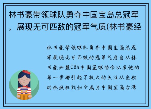 林书豪带领球队勇夺中国宝岛总冠军，展现无可匹敌的冠军气质(林书豪经典比赛)