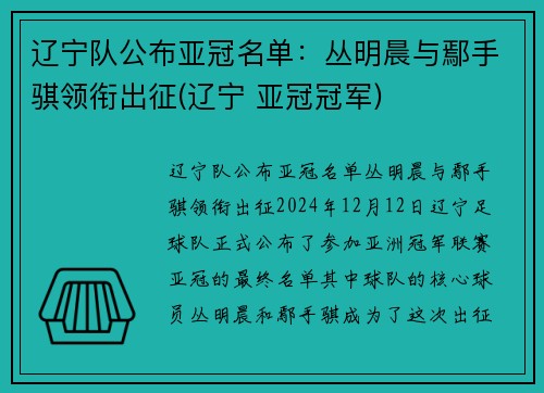 辽宁队公布亚冠名单：丛明晨与鄢手骐领衔出征(辽宁 亚冠冠军)