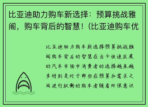 比亚迪助力购车新选择：预算挑战雅阁，购车背后的智慧！(比亚迪购车优惠政策)