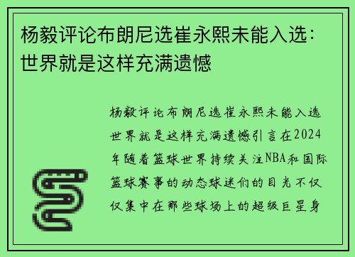 杨毅评论布朗尼选崔永熙未能入选：世界就是这样充满遗憾