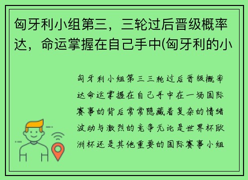 匈牙利小组第三，三轮过后晋级概率达，命运掌握在自己手中(匈牙利的小组赛)