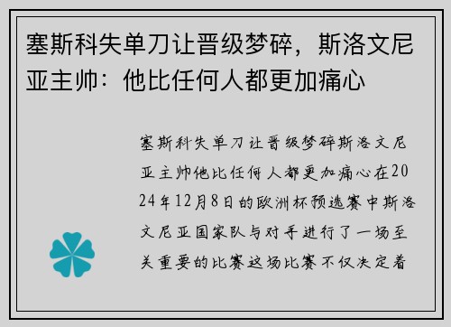 塞斯科失单刀让晋级梦碎，斯洛文尼亚主帅：他比任何人都更加痛心