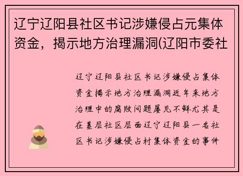 辽宁辽阳县社区书记涉嫌侵占元集体资金，揭示地方治理漏洞(辽阳市委社区)