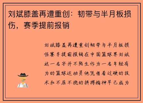 刘斌膝盖再遭重创：韧带与半月板损伤，赛季提前报销