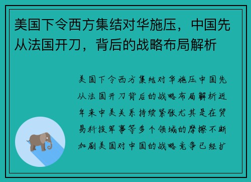 美国下令西方集结对华施压，中国先从法国开刀，背后的战略布局解析
