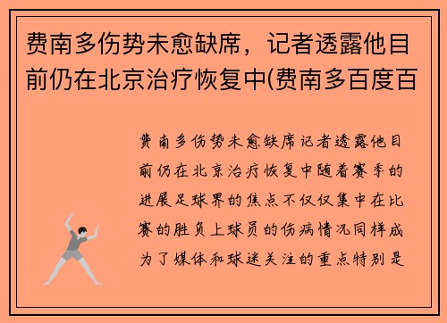 费南多伤势未愈缺席，记者透露他目前仍在北京治疗恢复中(费南多百度百科)